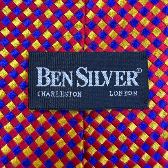 Ben Silver Mens Red & Yellow Silk Handmade Checkered Tie - Picture 2 of 8